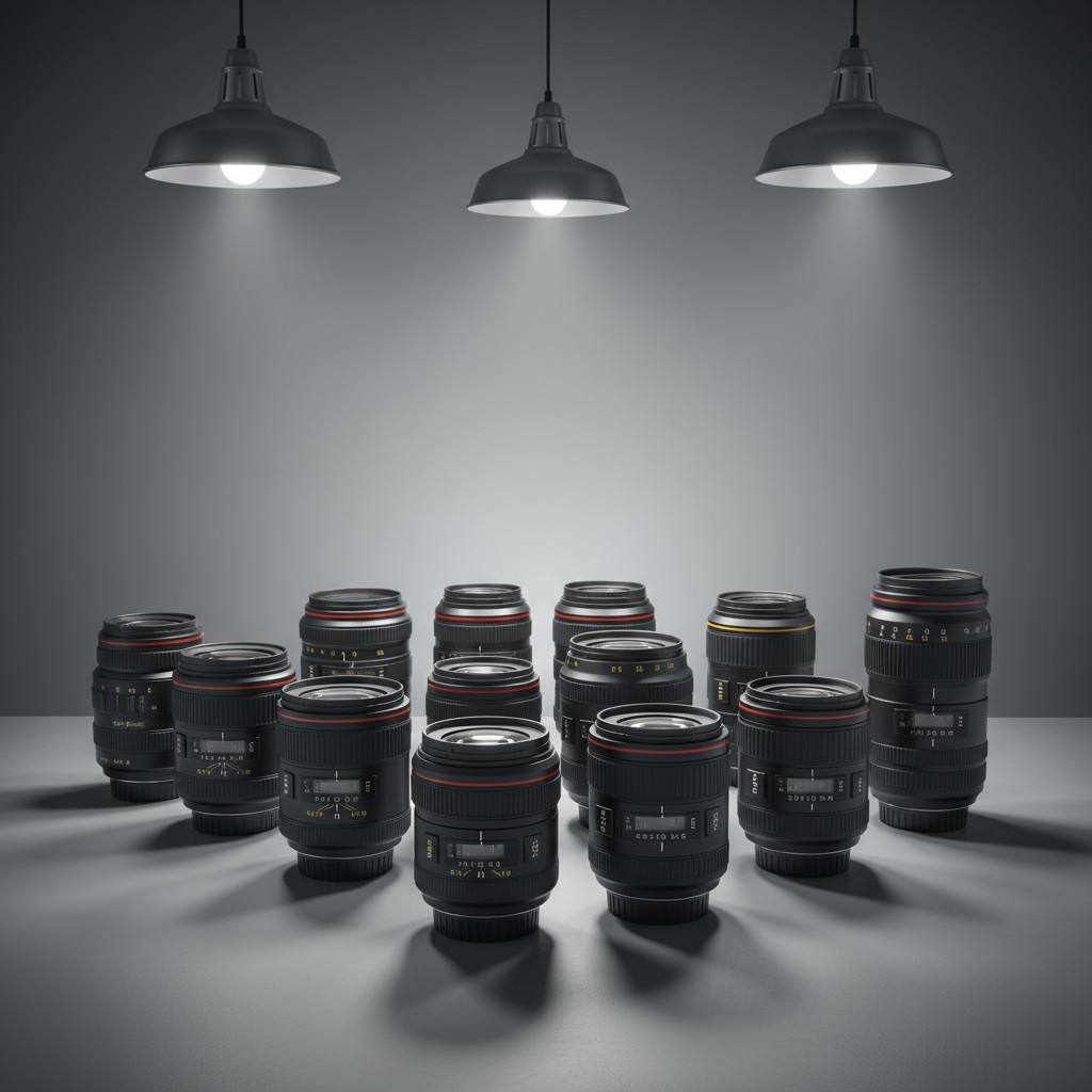 Ten organized black camera lenses sitting on a surface under three hanging fluorescent lamps.