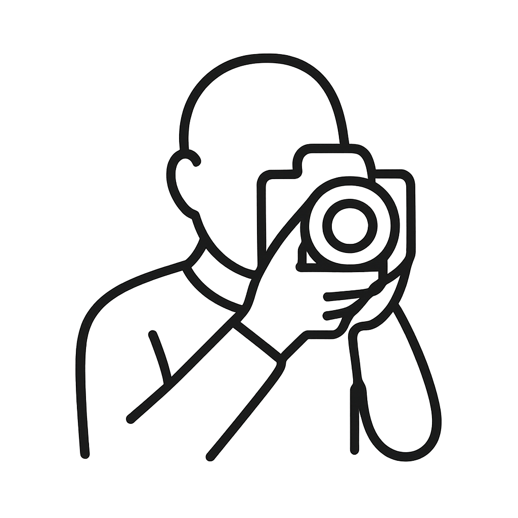 An outline drawing of a person taking a selfie, seen from the shoulders up, center frammed by an outline of a camera.